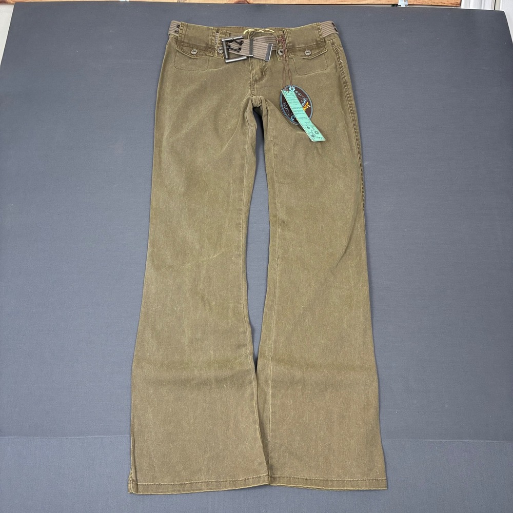 Y2K Mid Rise Belted Front Flap Pocket Olive Green Flare Pants Women 29x31 Be Bop